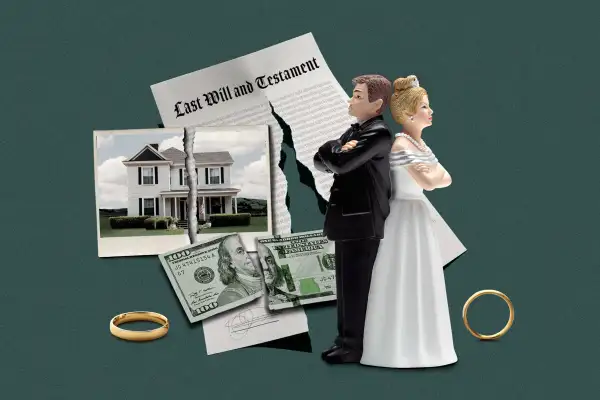 A wedding cake topper of an angry couple next to wedding rings and a split Last will and Testament