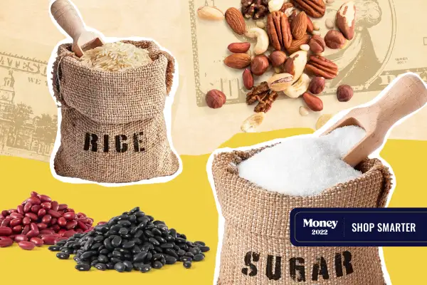 Photo collage of sugar, rice in burlap sack with spill beans and nuts, with money bill in the background.
