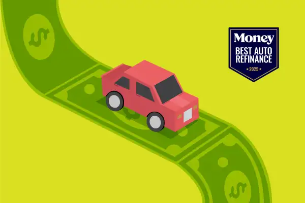 A red sedan drives a winding road made of dollar bills