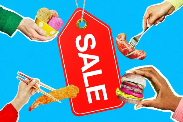 Photo collage of hands holding different food items with a big red tag with the word Sale