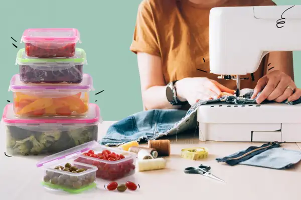 Photo collage of a woman using a sewing machine, and a stack of Tupperware filled with food on a table