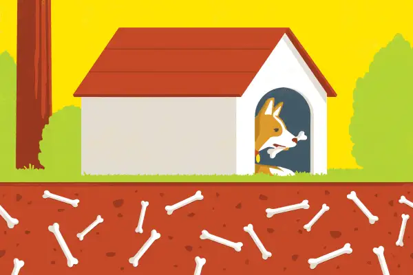 Illustration of a dog holding a bone, with multiple bones buried underneath the ground
