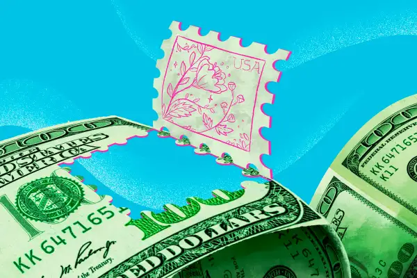 Illustration of a stamp being popped out of dollar bills