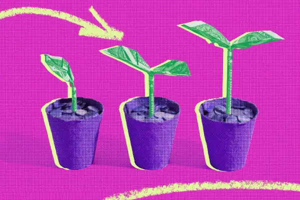Three plants growing origami money