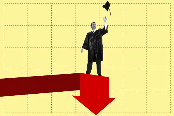Photo collage of a graduate student throwing a graduation cap into the air, standing on top of pointed down arrow
