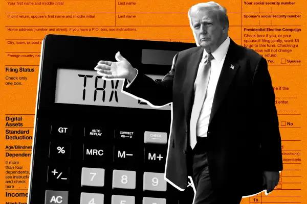 Photo collage of President Donald Trump with a large calculator in the background with the word Tax on it