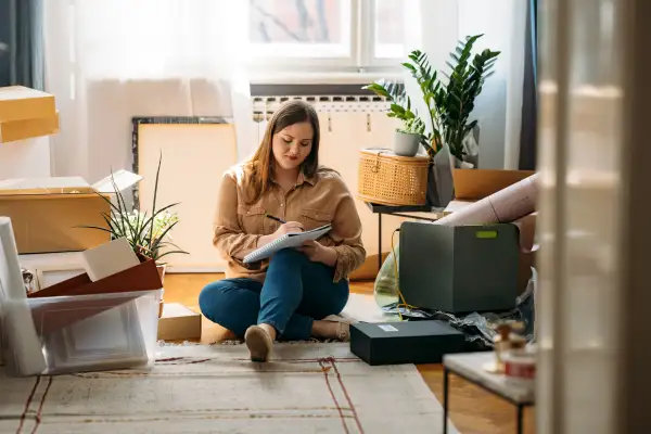Woman Sitting on the Floor Surrounded by Packed Boxes and Making a list