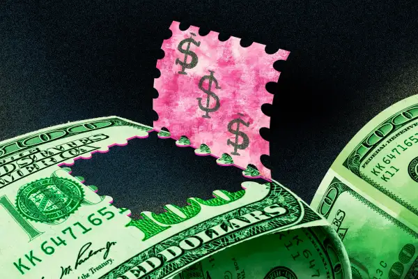 Illustration of a dollar bill being converted into a postage stamp